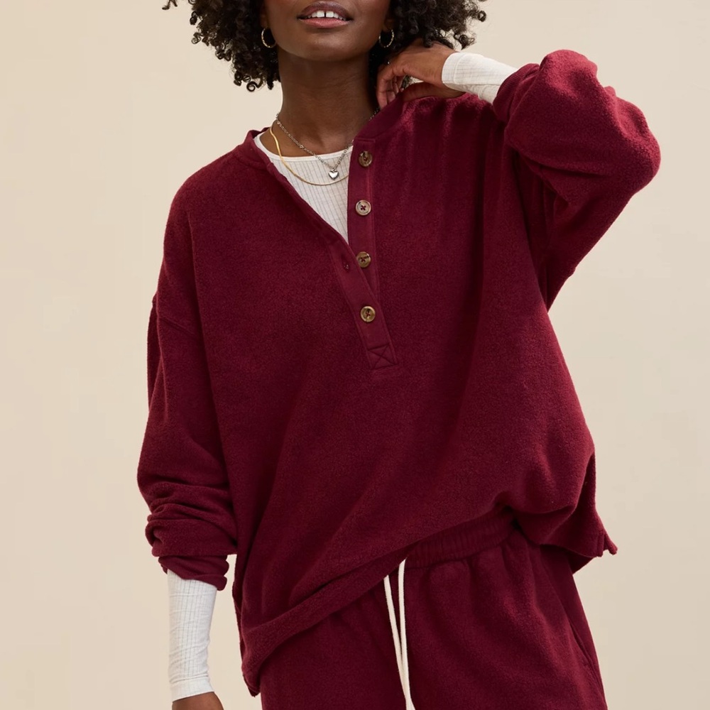 Aerie Sherpa Henley Sweatshirt Deep Cherry Red Burgundy Women’s Large LS